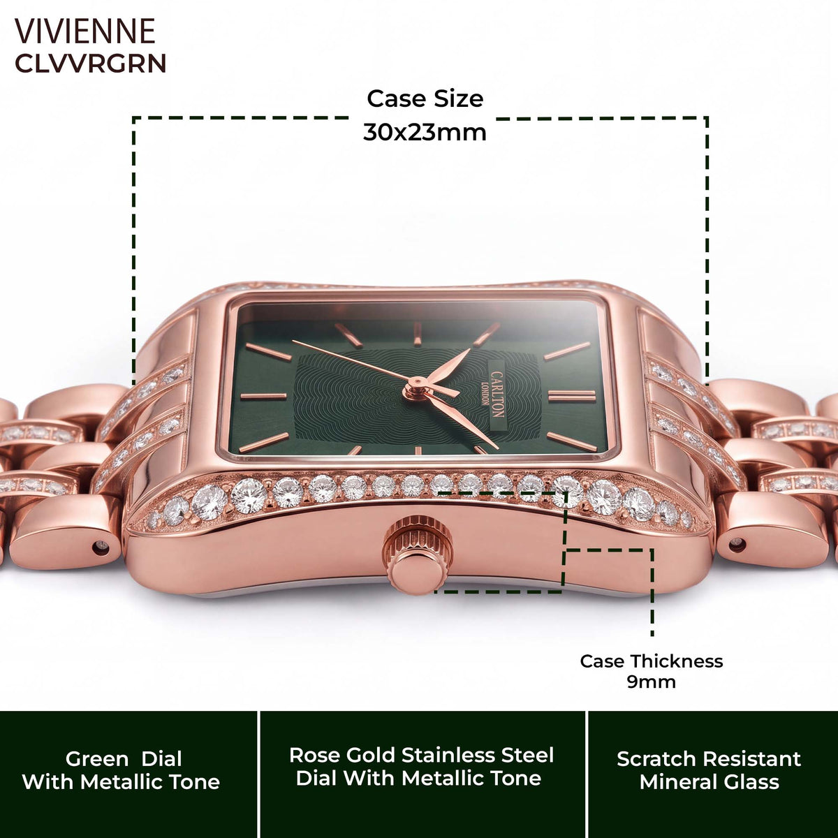 Carlton London Vivienne Women’s Watch - Green Rectangle Dial, Rose Gold Stainless Steel Strap - CLVVRGRN