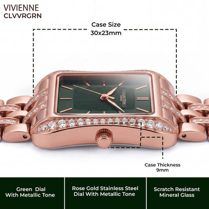 Carlton London Vivienne Women’s Watch - Green Rectangle Dial, Rose Gold Stainless Steel Strap - CLVVRGRN