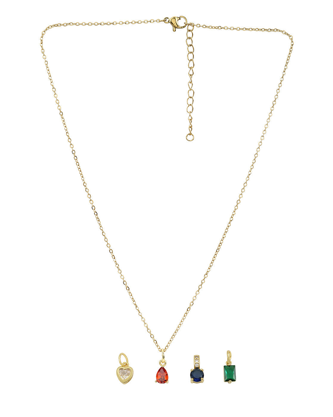 18kt Gold Plated CZ-Heart-Teardrop-Baguette &amp; Round Interchangeable Solitaire Pendant with Chain Necklace
