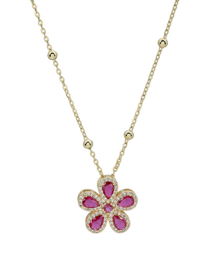 Gold Plated Designer Ruby Red Flower with CZ Pendant and Chain