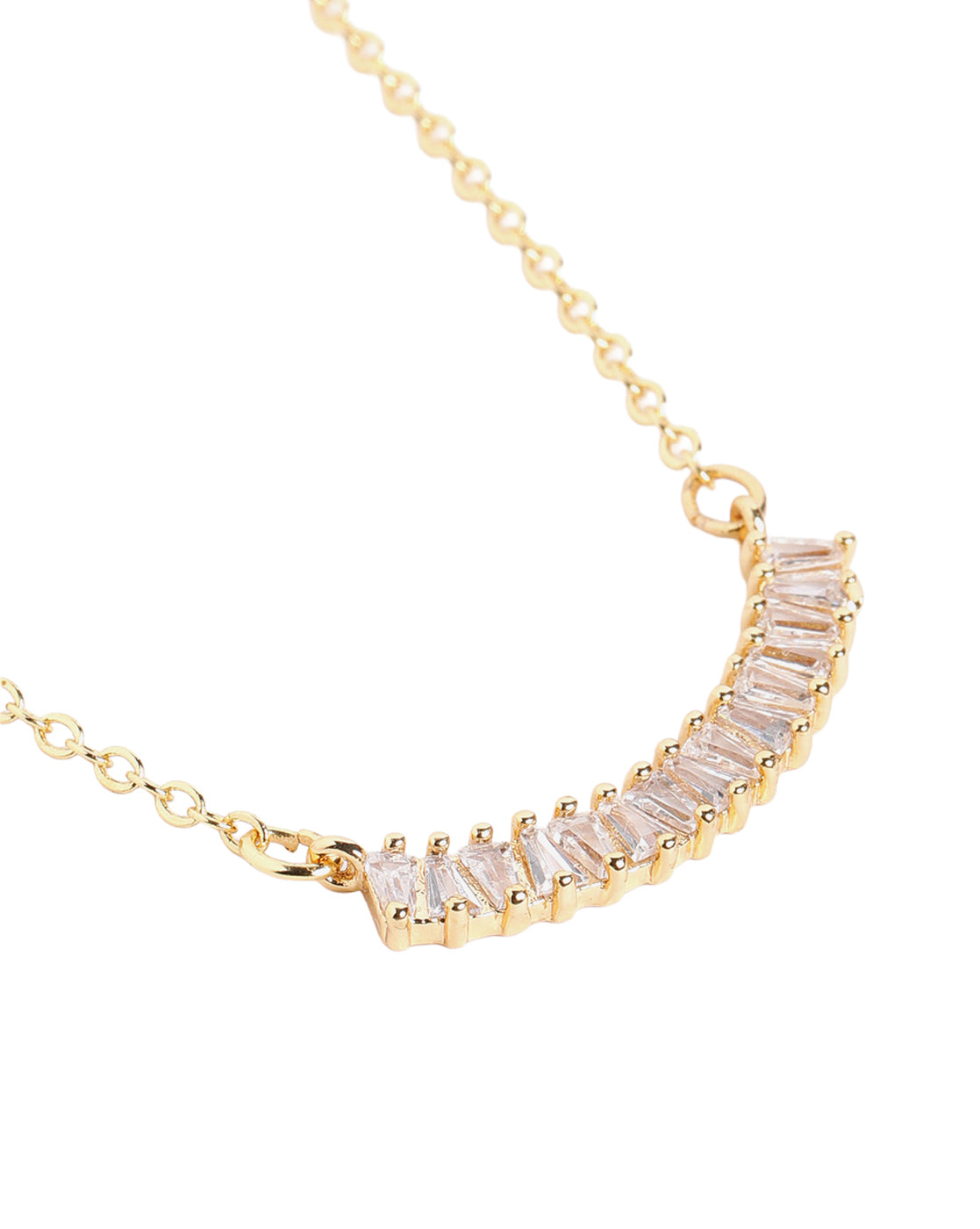 Gold Plated Designer Tapered Baguette Studded Curved Bar Necklace