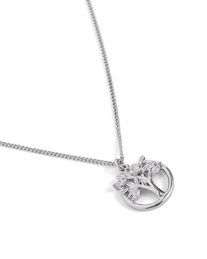 Rhodium Plated CZ Tree of Life Pendant and Chain Necklace
