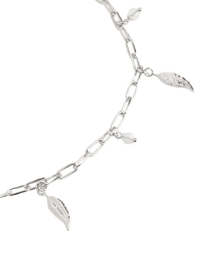 Rhodium Plated Dainty Leaf &amp; Crystal Charm with Paperclip Adjustable Chain Anklet