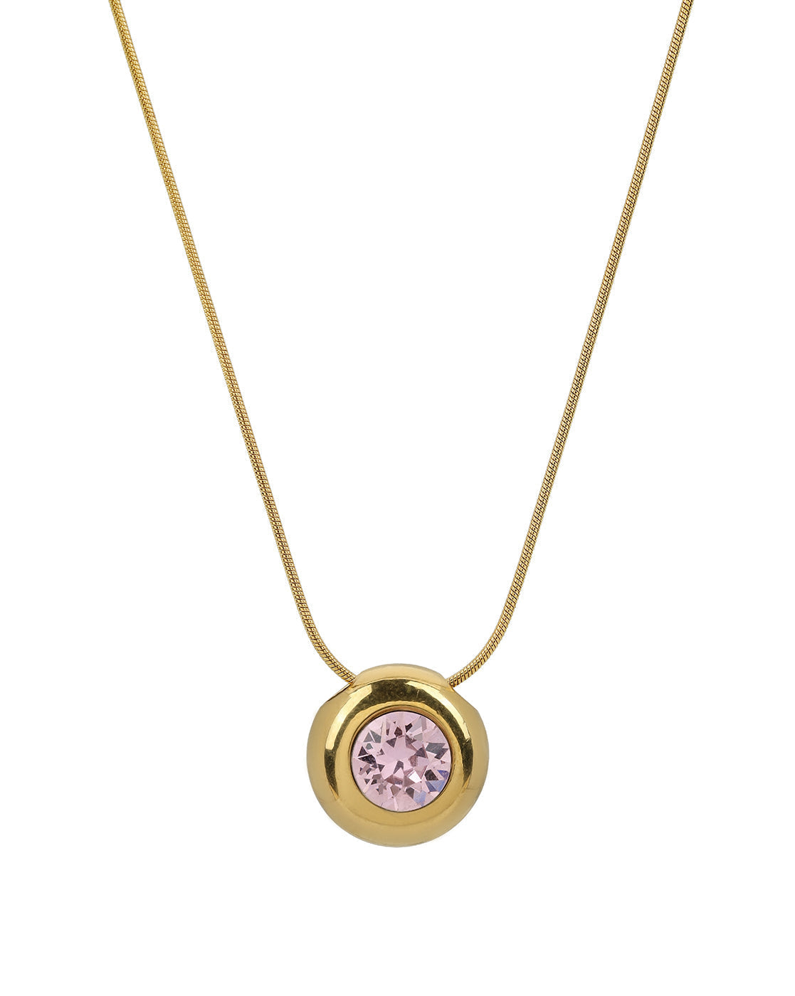 Gold Plated Pink Solitaire Studded Round Pendant and Snake Chain