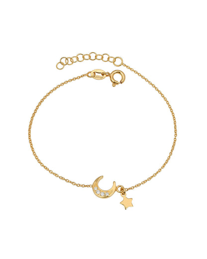 925 Sterling Silver 18kt Gold Plated CZ Moon and Star Charm Bracelet
