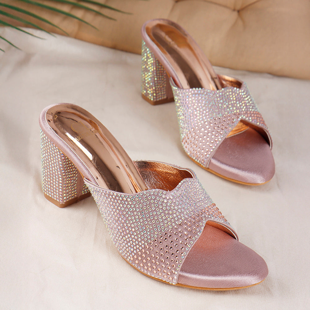 Women Lridescent Gem Embellished Block Heel Sandals