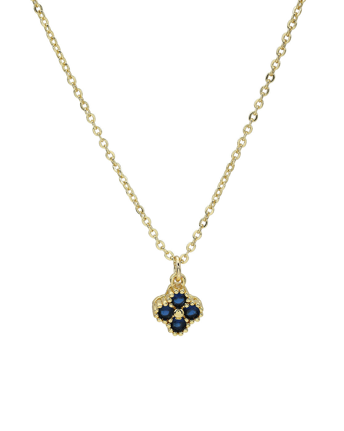 Gold Plated Petite Four-Clover Pendant with Sapphire Blue and Cable Chain