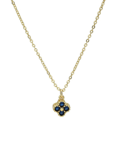 Gold Plated Petite Four-Clover Pendant with Sapphire Blue and Cable Chain