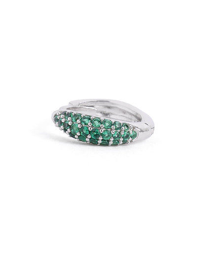 Rhodium Plated Emerald CZ Studded Huggie Hoop Earring