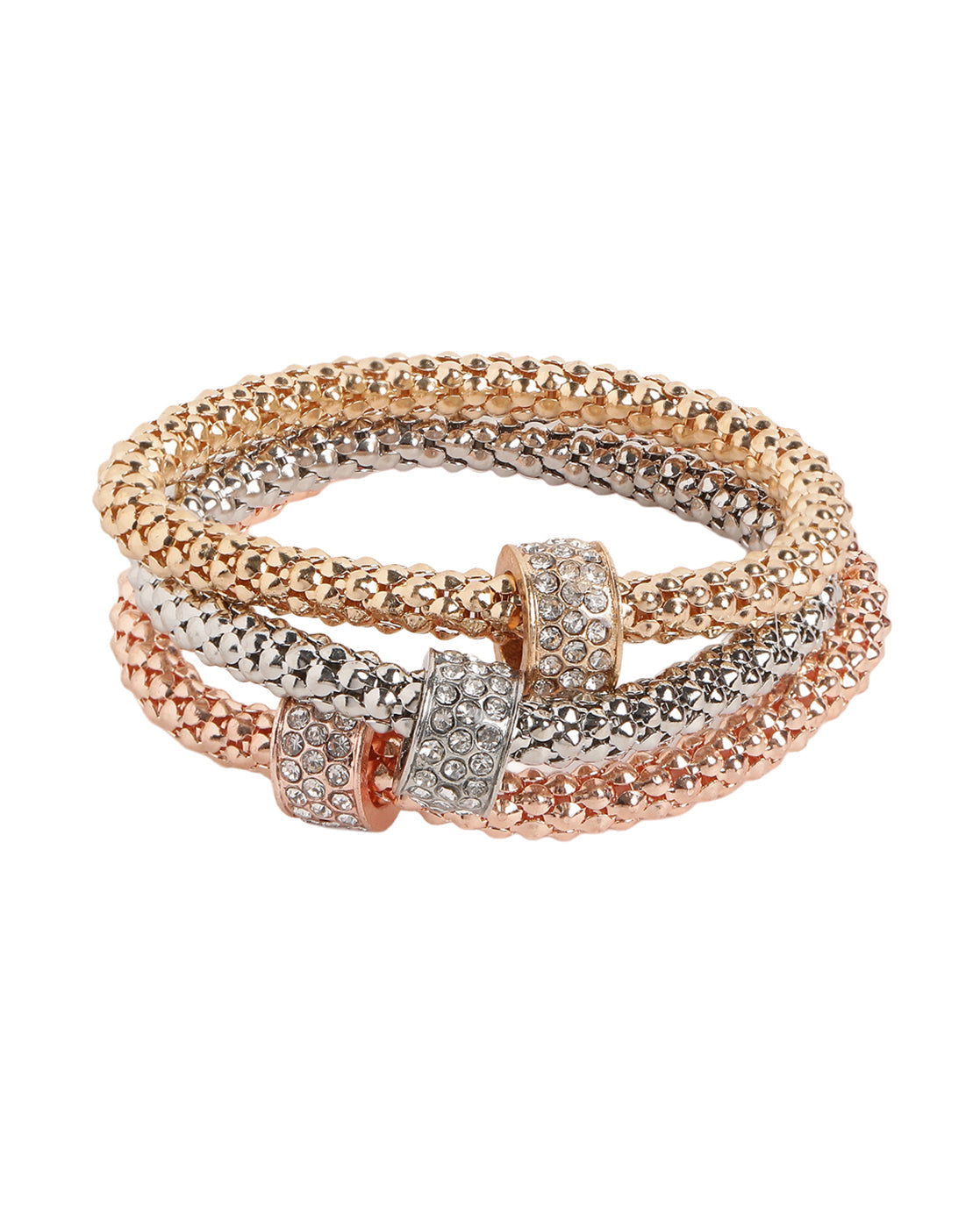 Set of 3 Tri-Color CZ Studded Charm with Popcorn Chain Stretchable Bracelets