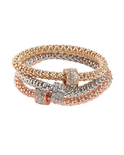 Set of 3 Tri-Color CZ Studded Charm with Popcorn Chain Stretchable Bracelets