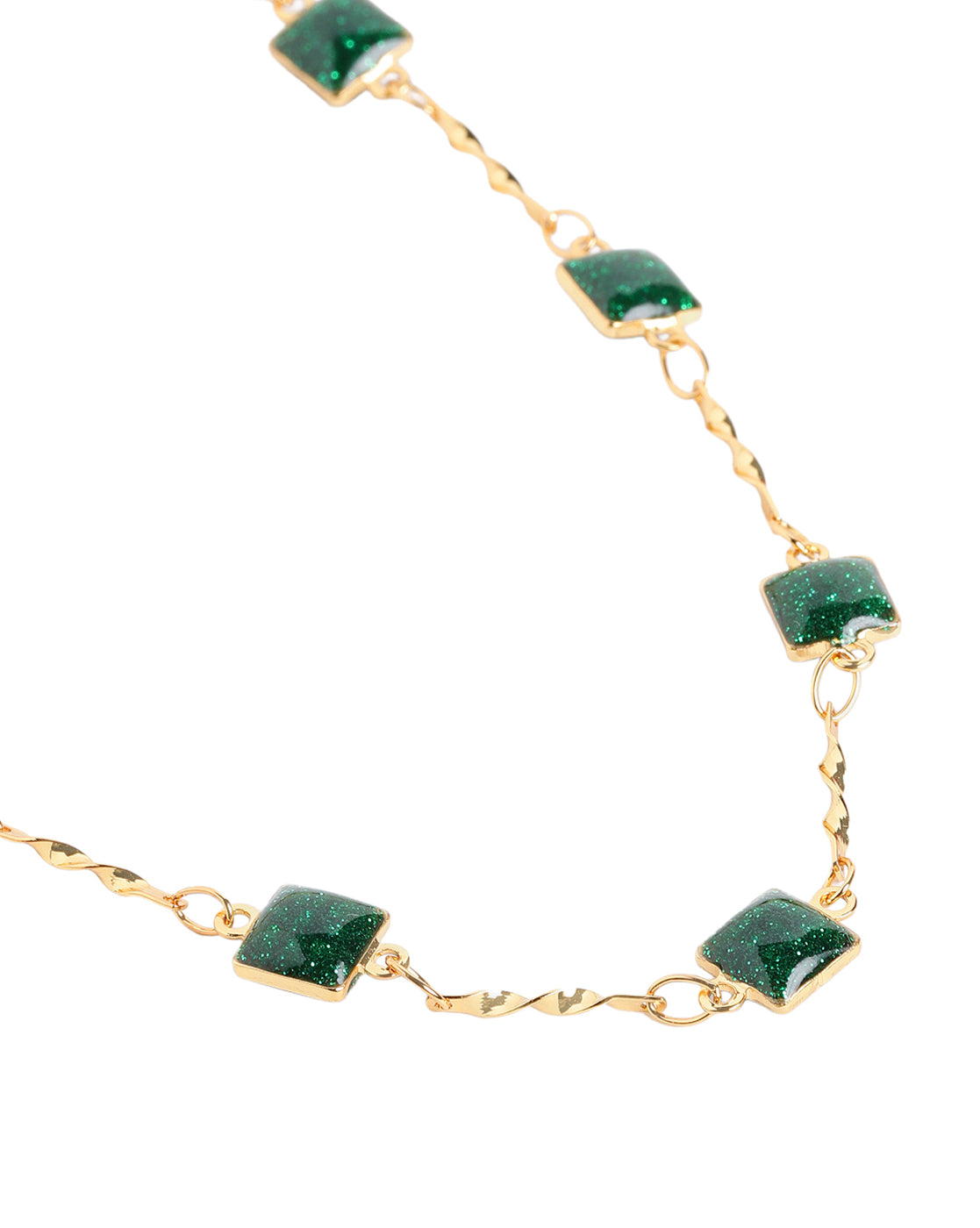 Gold Plated Contemporary Geometric Teal Stones Station Chain Necklace