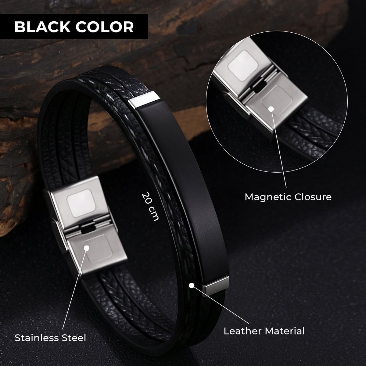 Men Black Leather Nomad Bracelet  - CLJW-37