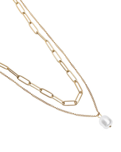 Gold Plated Modern Dangling Organic Pearl &amp; Paperclip Chain Layered Necklace