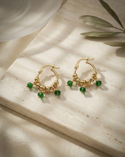 18kt Gold Plated Green Bead Hoop Earring