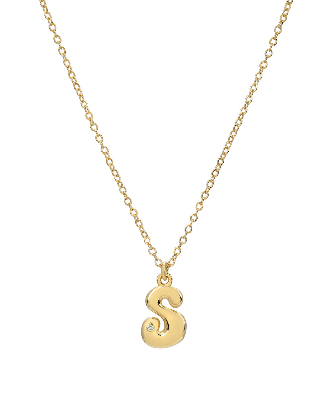 18kt Gold Plated CZ Bubble Letter S Pendant and Chain