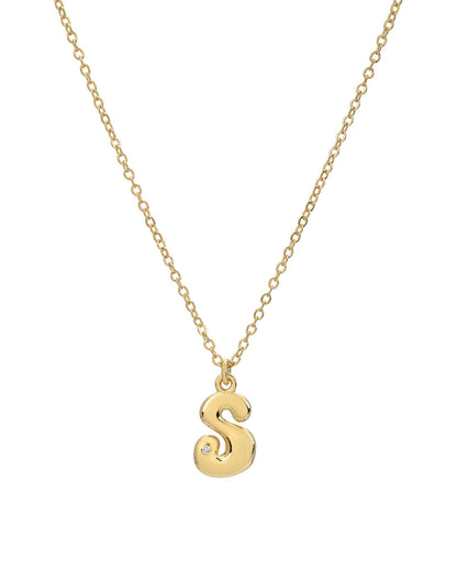 18kt Gold Plated CZ Bubble Letter S Pendant and Chain