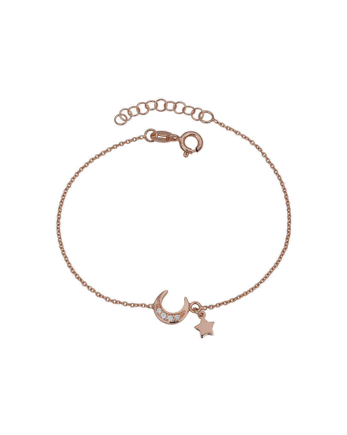 925 Sterling Silver 18kt Rose Gold Plated CZ Moon and Star Charm Bracelet