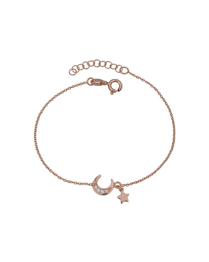 925 Sterling Silver 18kt Rose Gold Plated CZ Moon and Star Charm Bracelet