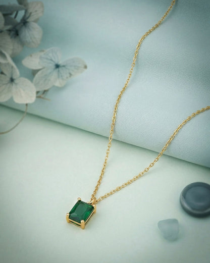 18kt Gold Plated Green Stone Square Pendant and Chain