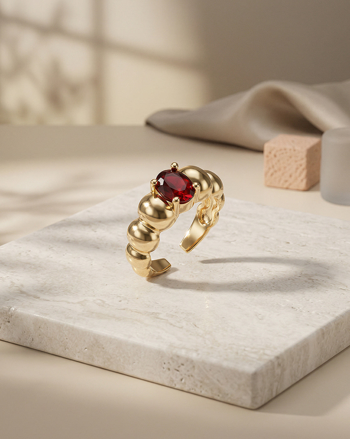 18kt Gold Plated Red Ruby Stone Adjustable Ring
