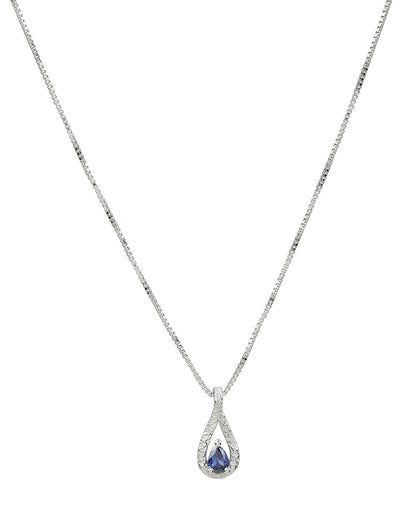 925 Sterling Silver Rhodium Plated Sapphire Blue Studded Teardrop Pendant and Chain