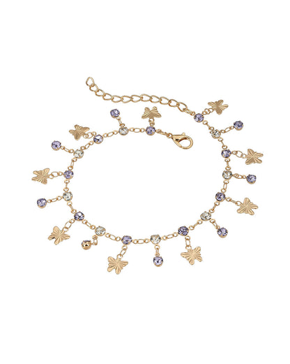Rose Gold Plated CZ and Amethyst Purple Solitaire Butterfly Charm Anklet