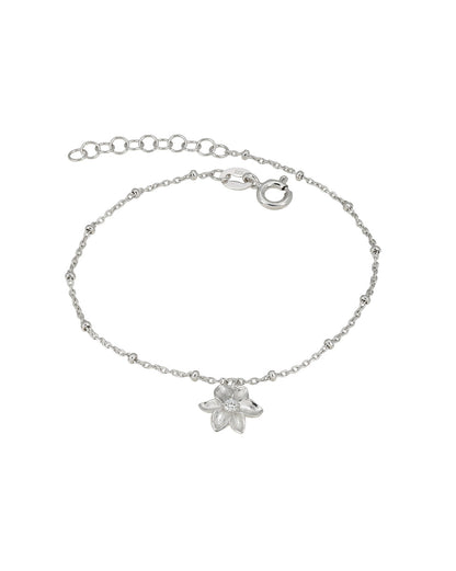 925 Sterling Silver Rhodium Plated CZ Floral Charm Adjustable Bracelet