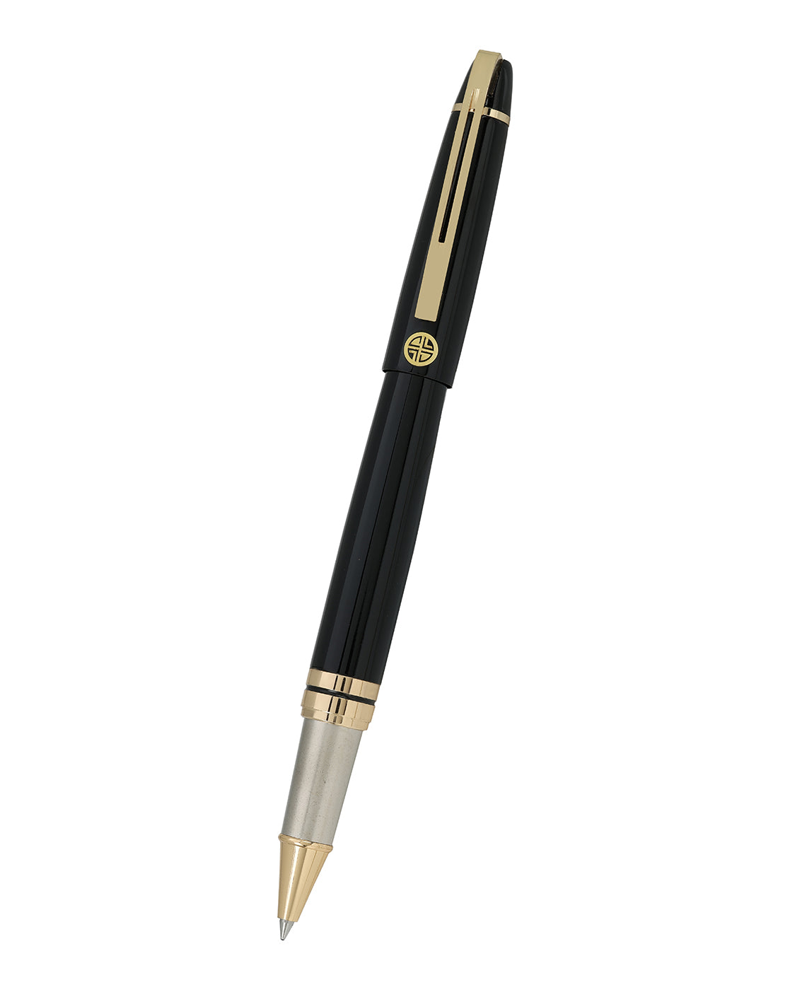 Set of 2 Glossy Black Metal Executive Roller and Twist Pen Gift Set with Gold Trim and Accents