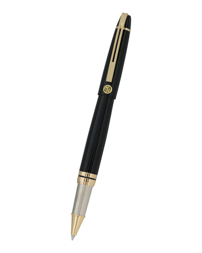 Set of 2 Glossy Black Metal Executive Roller and Twist Pen Gift Set with Gold Trim and Accents