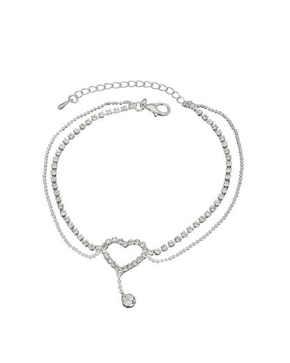 Silver Plated CZ Studded Heart and Dangling Solitaire Layered Anklet