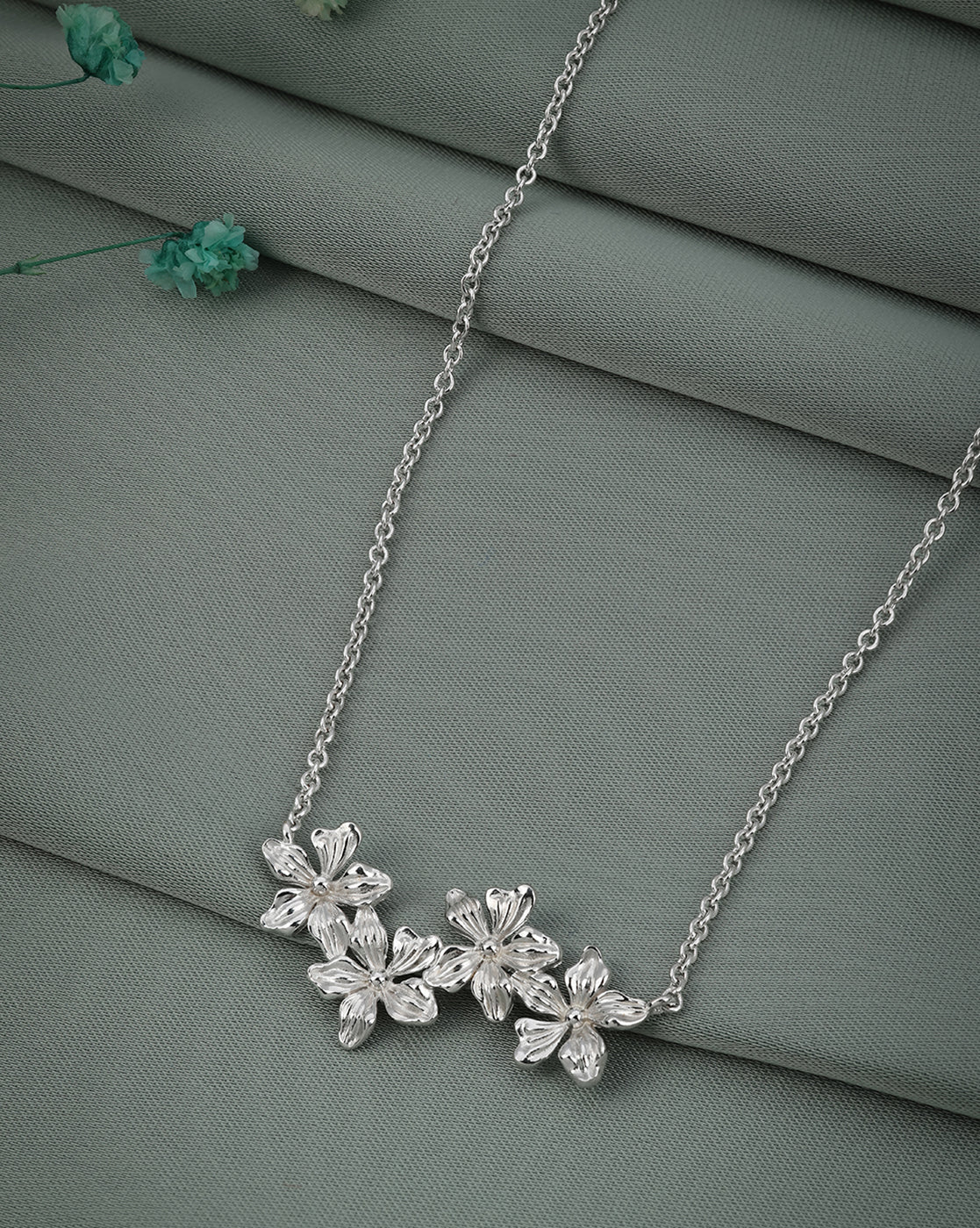 Rhodium Plated Dainty Floral Necklace