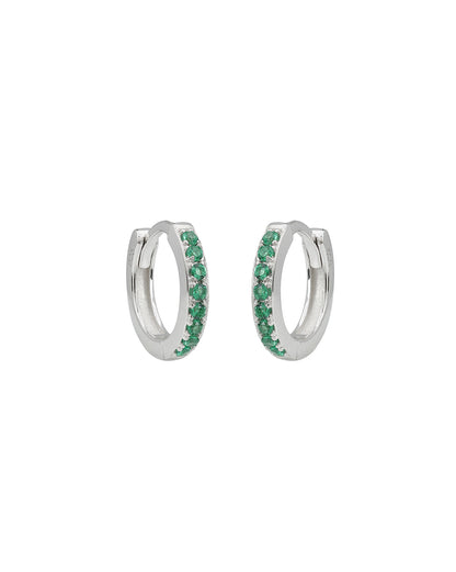 925 Sterling Silver Rhodium Plated Emerald Green CZ Studded Mini Hoop Earring