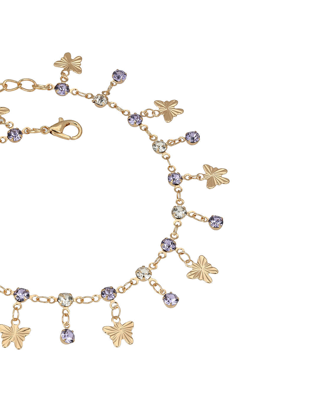 Rose Gold Plated CZ and Amethyst Purple Solitaire Butterfly Charm Anklet