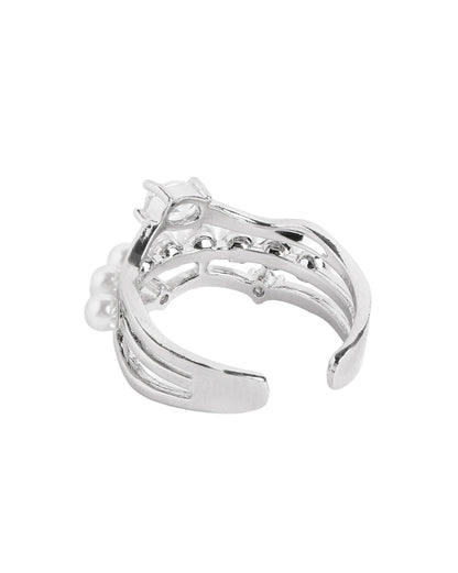 Silver-Plated Contemporary Pearl and CZ Adjustable Ring