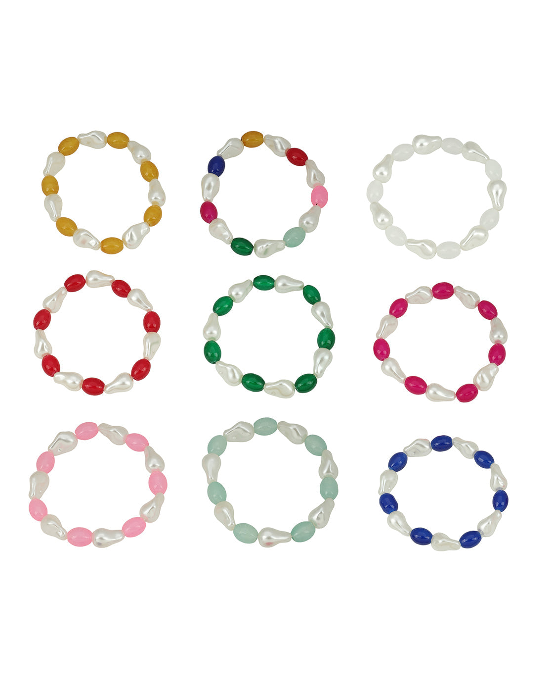 Set of 9 Multi Coloured Bead &amp; Pearl Stretchable Bracelet for Girl