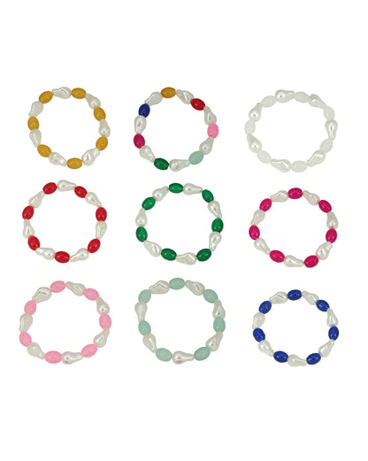 Set of 9 Multi Coloured Bead &amp; Pearl Stretchable Bracelet for Girl