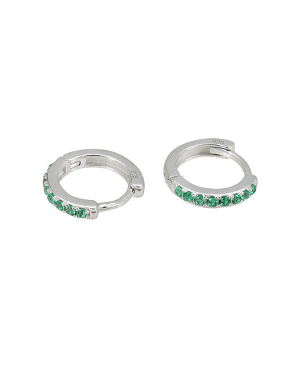925 Sterling Silver Rhodium Plated Emerald Green CZ Studded Mini Hoop Earring
