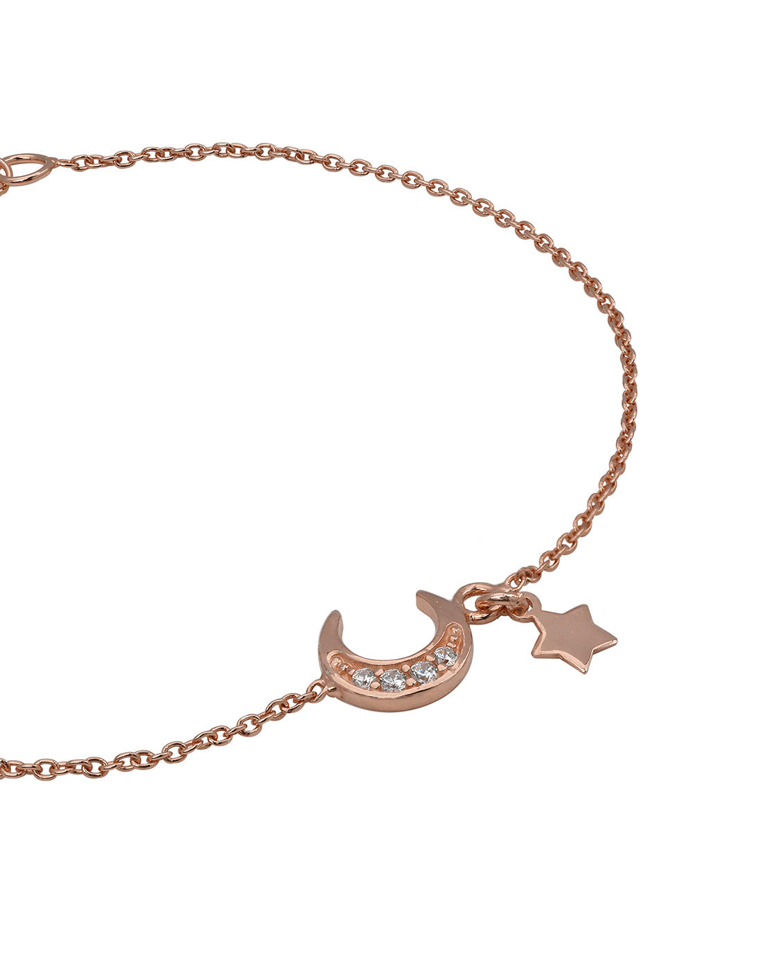 925 Sterling Silver 18kt Rose Gold Plated CZ Moon and Star Charm Bracelet