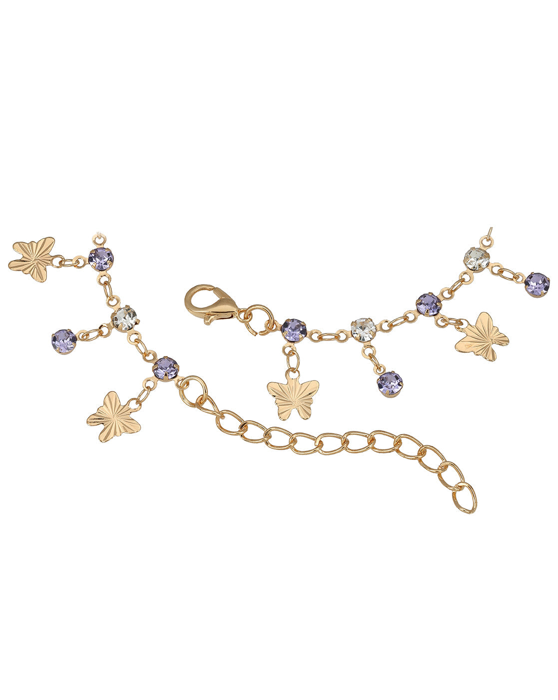 Rose Gold Plated CZ and Amethyst Purple Solitaire Butterfly Charm Anklet