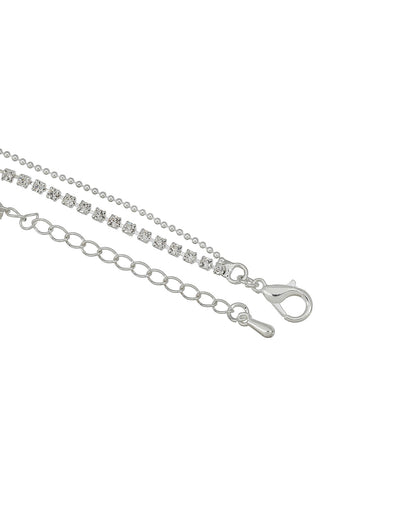Silver Plated CZ Studded Heart and Dangling Solitaire Layered Anklet