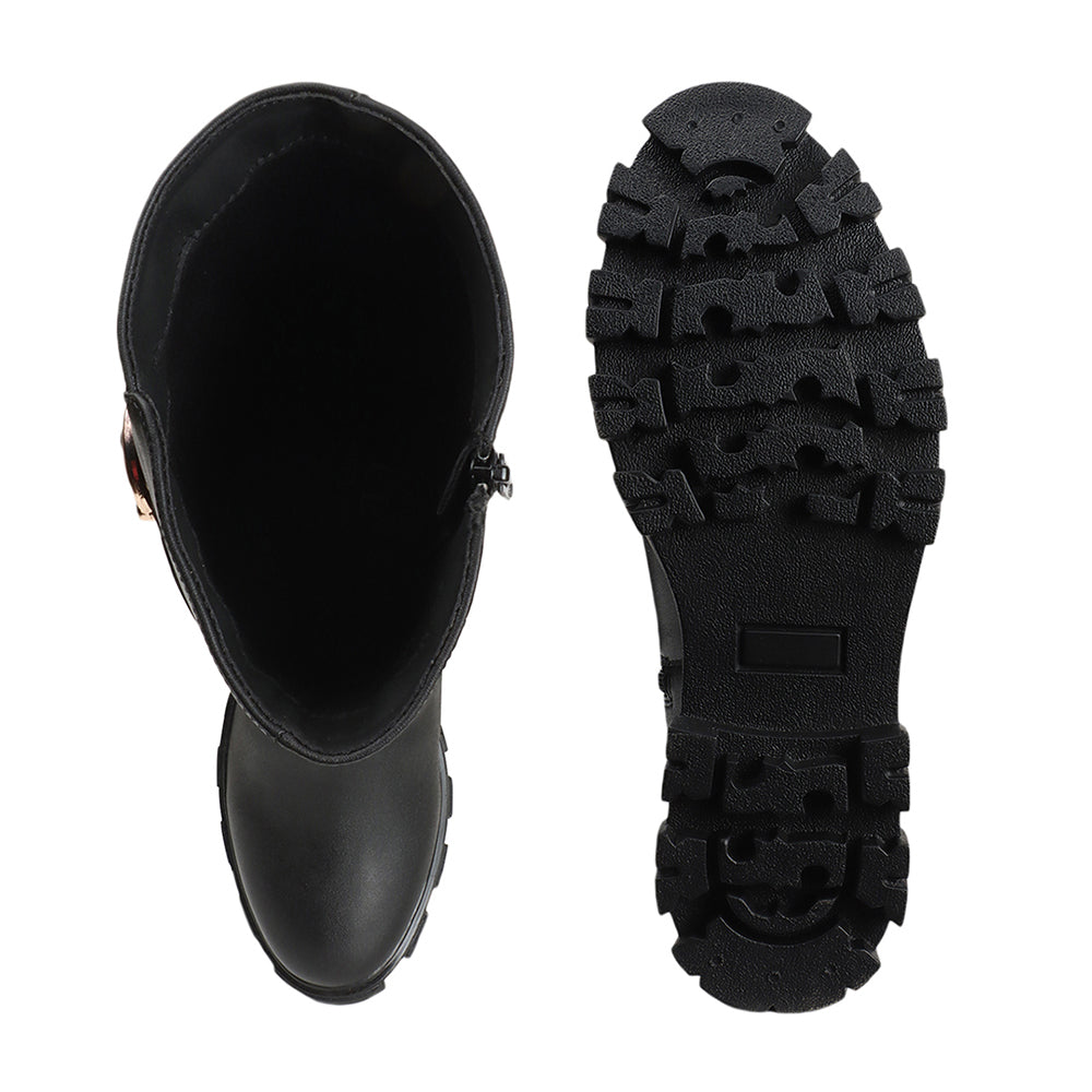 Women Block-Heeled Buckle Detail Winter Long  Boots