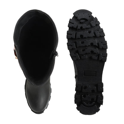 Women Block-Heeled Buckle Detail Winter Long  Boots