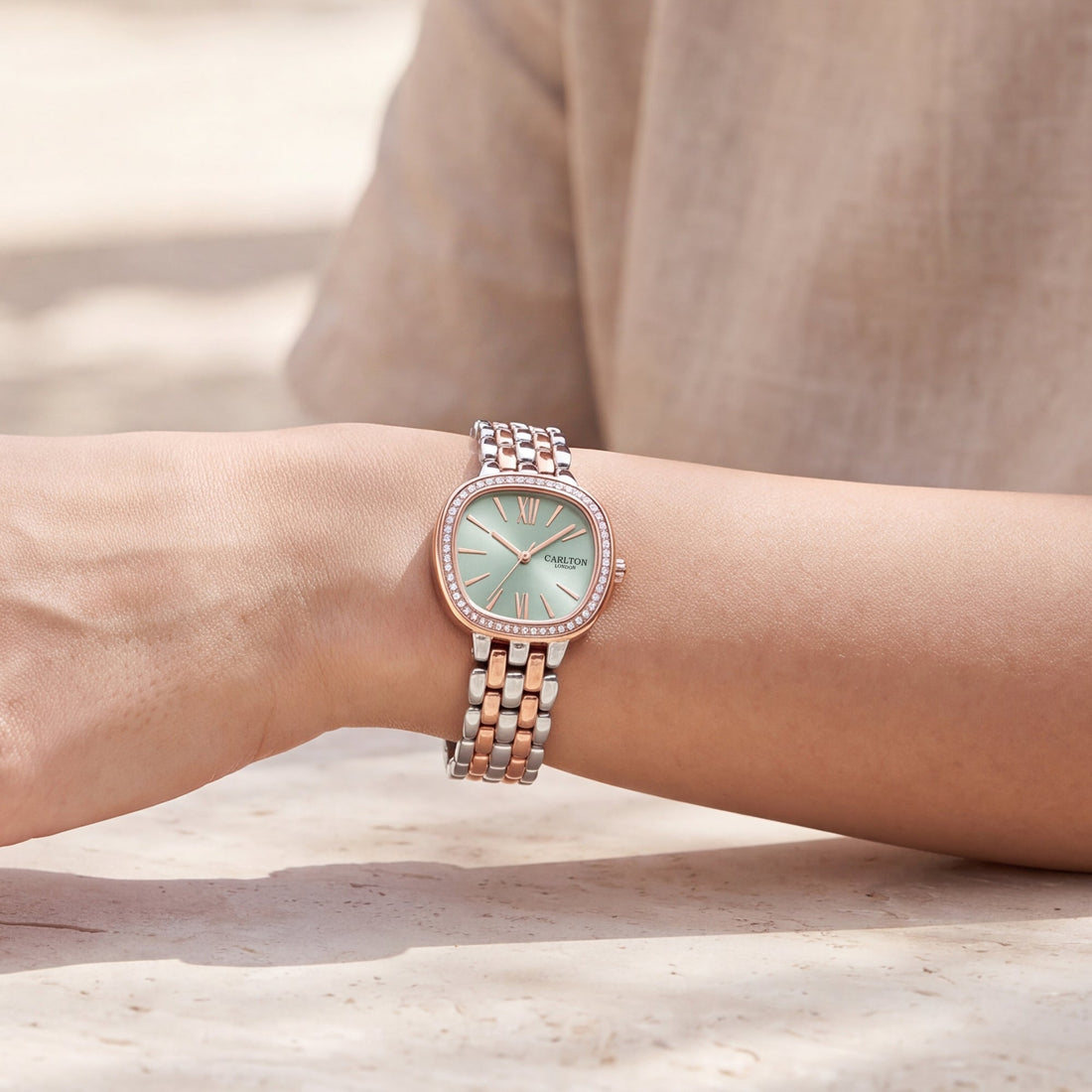 Carlton London Maisie Womens Watch - Mint Green Rectangle Dial, Dual Tone Stainless Steel Strap - MSDTMNT