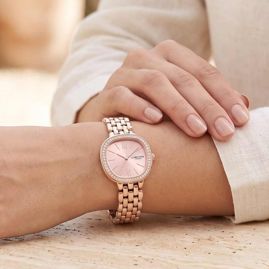Carlton London Maisie Womens Watch - Pink Rectangle Dial, Rose Gold Stainless Steel Strap - MSRGPNK