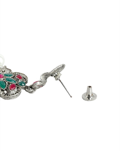 Silver Plated Oxidised Pearl &amp; Red Green Stone Studded Jewellery Set
