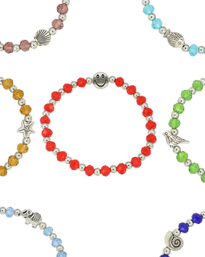 Set of 9 Coloured Bead &amp; Silver Plated Butterfly-Tortoise-Star-Elephant-Smiley-Bird-Butterfly Charm Bracelet for Girl