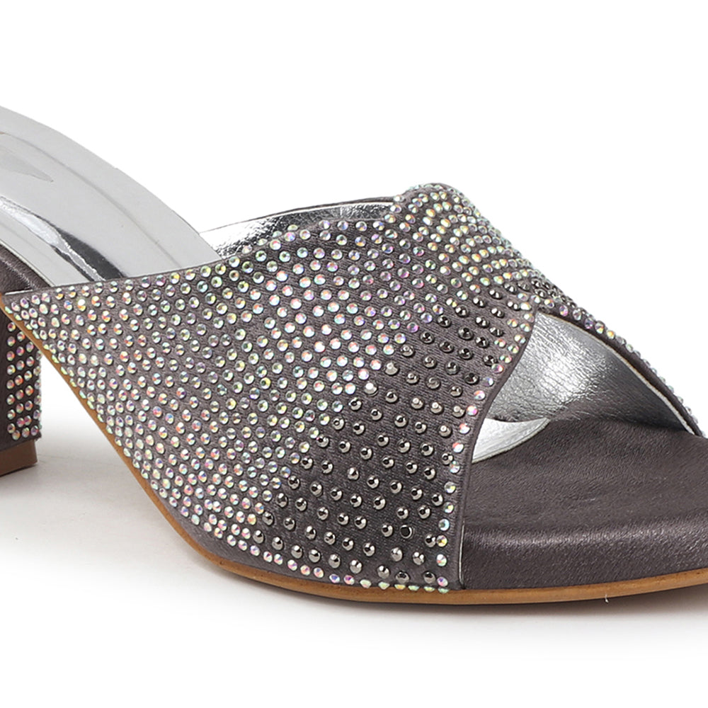 Women Lridescent Gem Embellished Block Heel Sandals