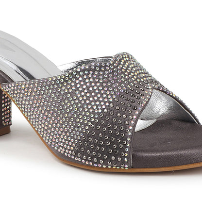 Women Lridescent Gem Embellished Block Heel Sandals
