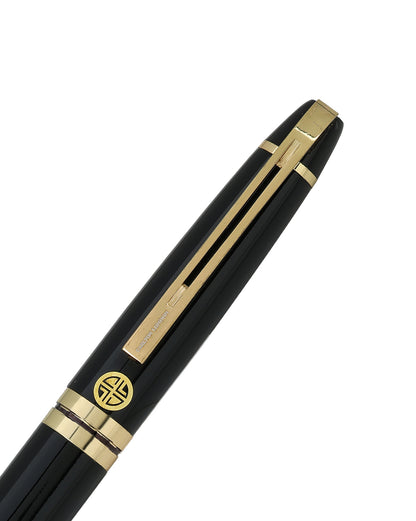 Set of 2 Glossy Black Metal Executive Roller and Twist Pen Gift Set with Gold Trim and Accents